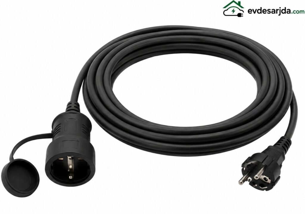Elektrikli araç şarjında kullanılmaması önerilen siyah uzatma kablosu