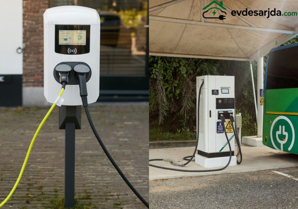 DC hızlı şarj istasyonuna bağlı beyaz elektrikli aracın yüksek güçle şarj edilmesini gösteren görsel.