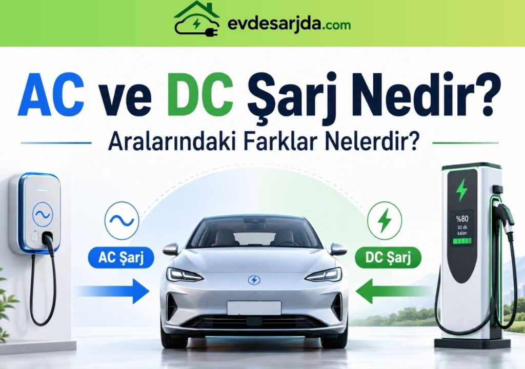 Elektrikli bir aracın AC duvar tipi şarj cihazı ve DC hızlı şarj istasyonu ile şarj edilmesini karşılaştıran görsel.