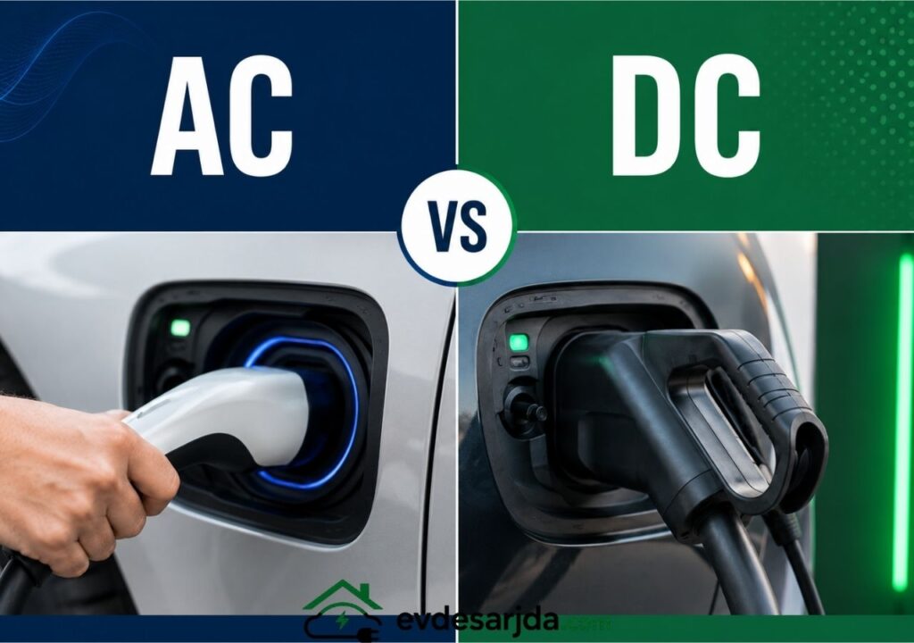 Elektrikli araçlarda AC ve DC şarj bağlantılarını karşılaştıran, mavi ve yeşil renklerle hazırlanmış görsel.
