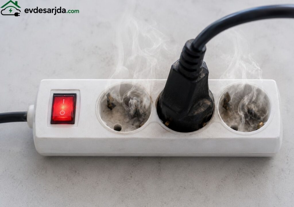 Elektrikli araç şarjı sırasında aşırı ısınarak duman çıkaran uzatma kablosu ve çoklu priz