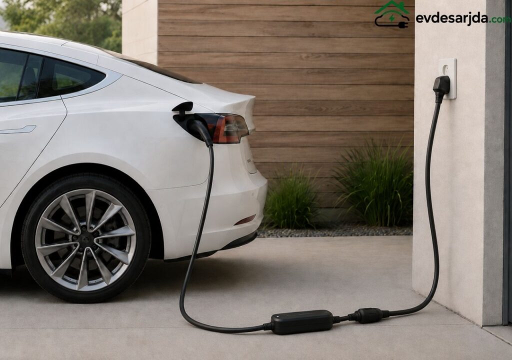 Ev tipi prize bağlı uzatma kablosu ve taşınabilir şarj cihazıyla şarj edilen beyaz elektrikli araç