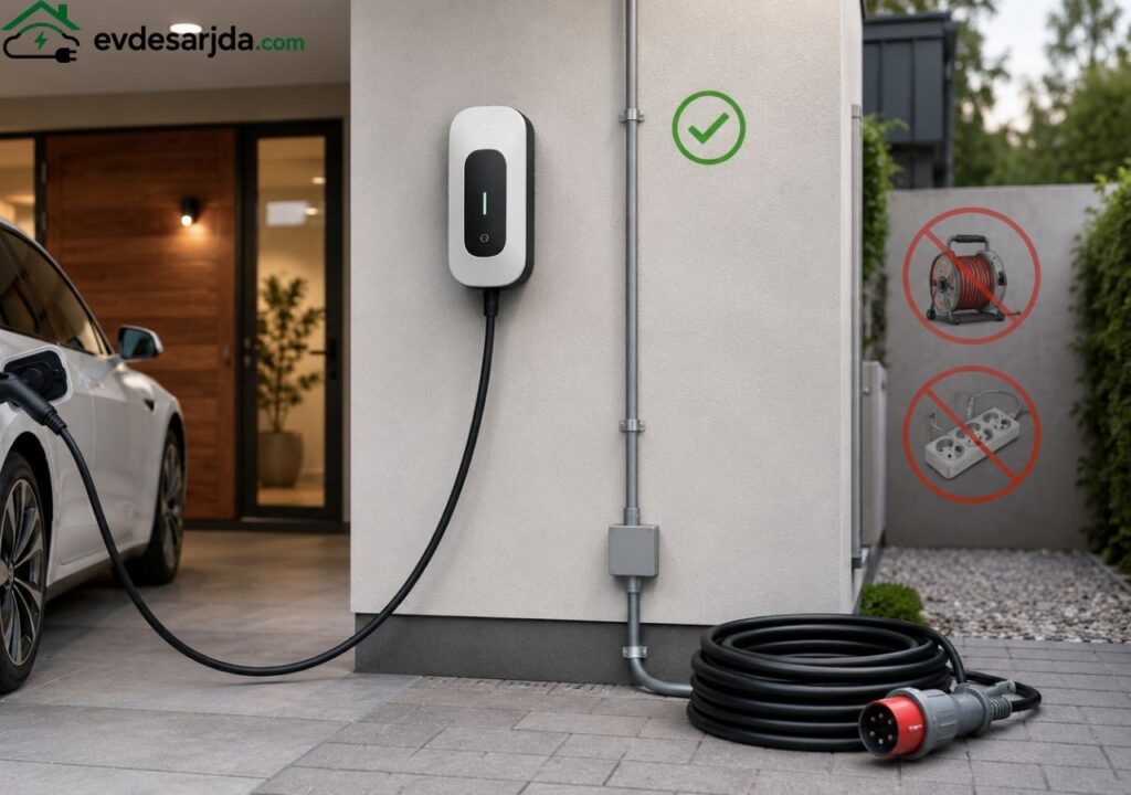 Bağımsız elektrik hattına bağlı wallbox ile şarj edilen beyaz elektrikli araç ve kullanılmaması gereken makaralı kablo ile çoklu priz örnekleri