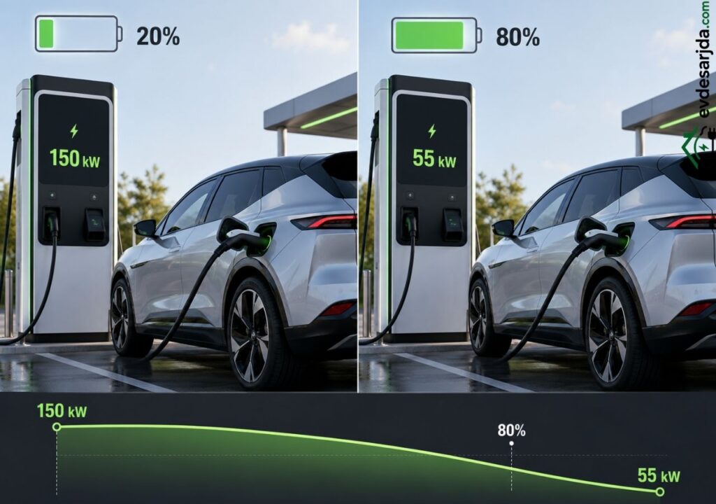 Elektrikli aracın bataryası %20 seviyesindeyken 150 kW, %80 seviyesine ulaştığında ise 55 kW güçle şarj olduğunu gösteren karşılaştırma görseli.