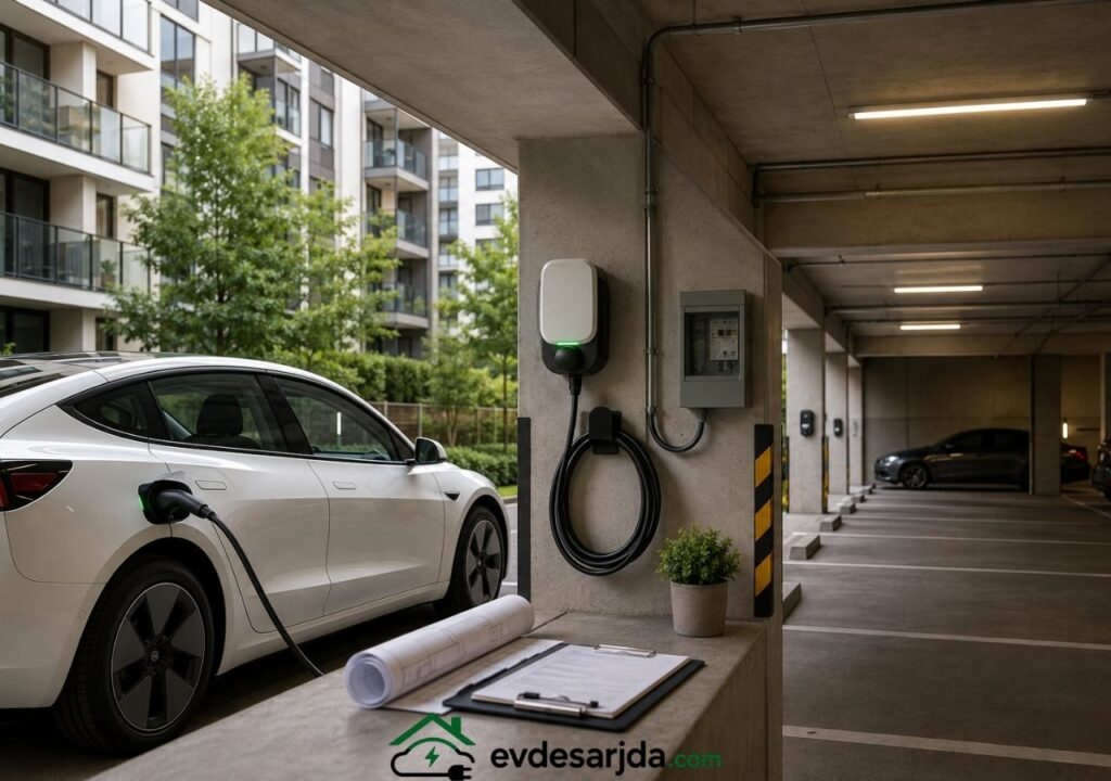 Apartman otoparkında duvara monte şarj cihazına bağlı beyaz elektrikli araç ve teknik proje belgeleri.