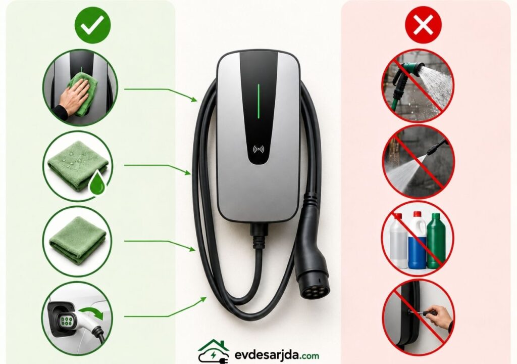 Elektrikli araç şarj cihazının dış yüzeyinin yumuşak bezle temizlenmesini ve hortum, basınçlı su, sert kimyasallar ile cihaz içinin açılmaması gerektiğini gösteren görsel.