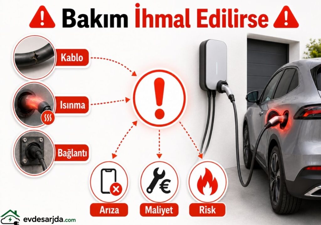 Hasarlı kablo, aşırı ısınan bağlantı ve gevşek şarj noktalarının arıza, maliyet ve güvenlik riskine dönüşmesini gösteren elektrikli araç şarj cihazı bakım görseli.