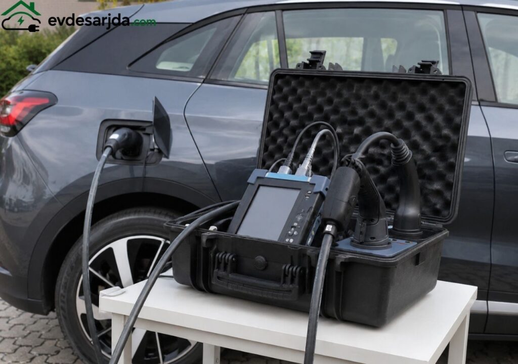 Elektrikli araç şarj istasyonuna bağlanan test cihazı ve multimetre