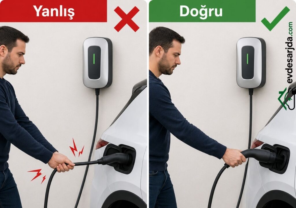 Elektrikli araç şarj fişinin kablodan çekilerek yanlış, fişin sert gövdesinden tutularak çıkarılmasının doğru olduğunu gösteren karşılaştırmalı görsel.