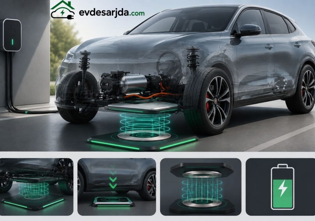 Şeffaf gövde yapısıyla gösterilen elektrikli SUV, zemindeki kablosuz şarj pedi ve araç altındaki alıcı ünite üzerinden manyetik enerji aktarımı.