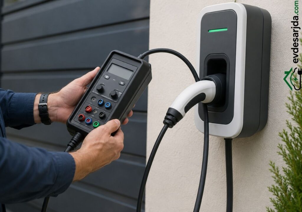 Elektrikli araç şarj istasyonuna bağlanan test cihazı ve multimetre