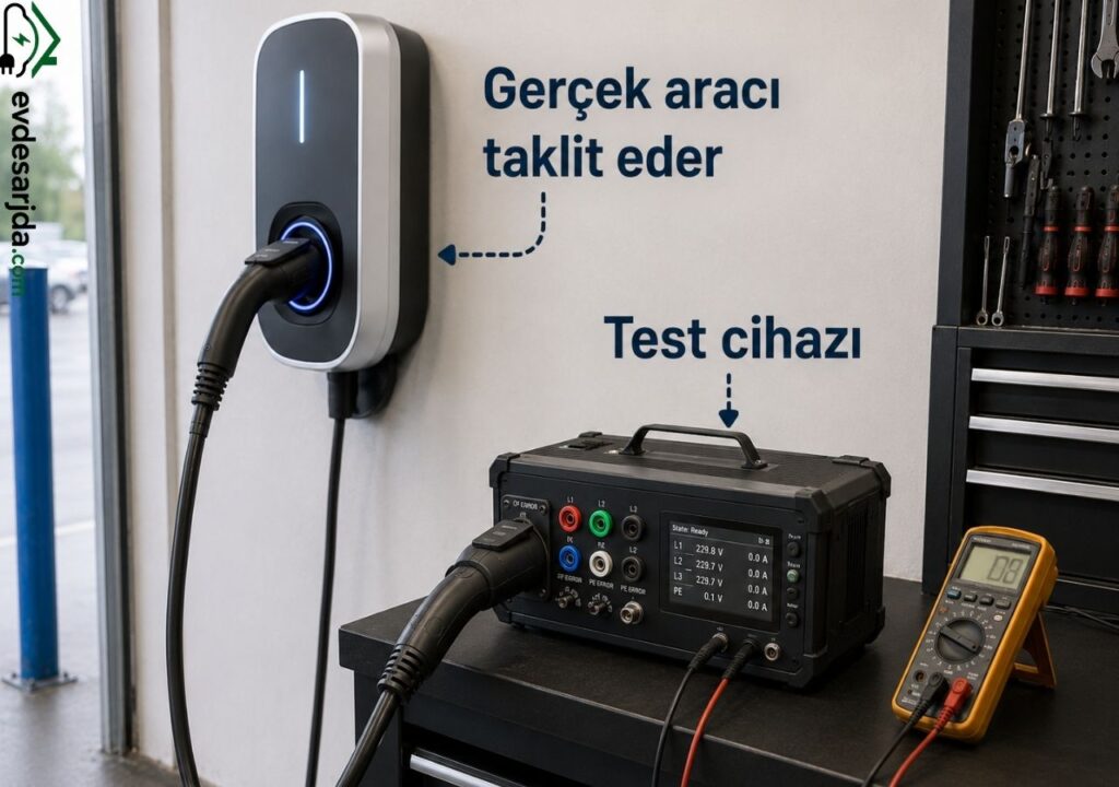 Elektrikli araç şarj istasyonuna bağlanan test cihazı