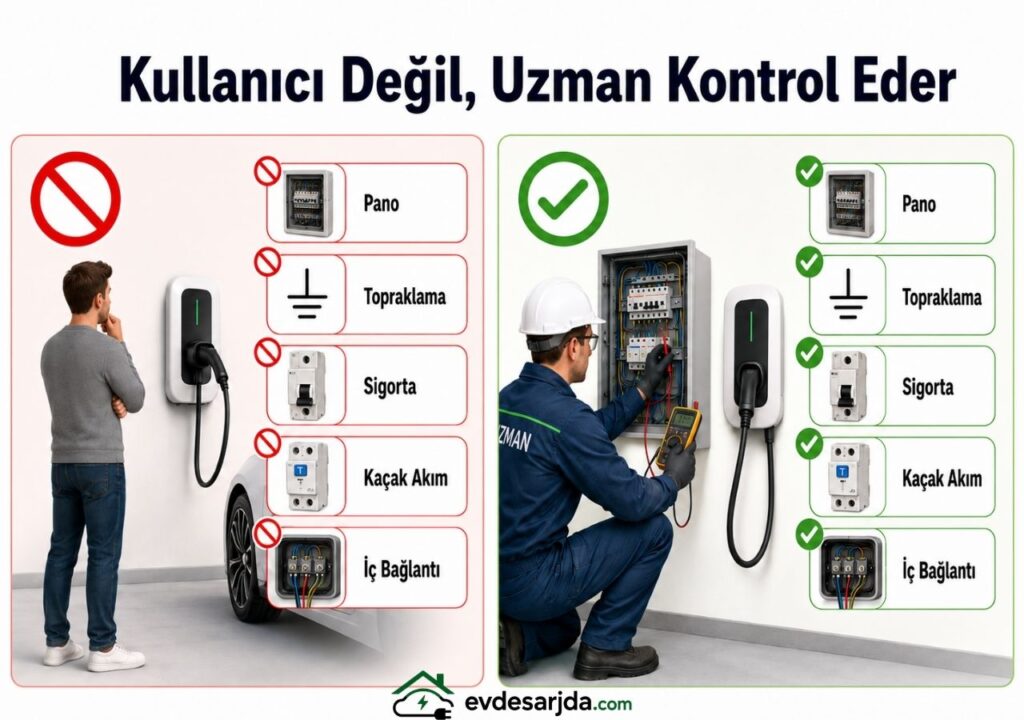 Elektrik panosu, topraklama, sigorta, kaçak akım koruması ve cihazın iç bağlantıları kullanıcı tarafından değil, elektrik uzmanı veya yetkili servis tarafından kontrol edilmelidir.
