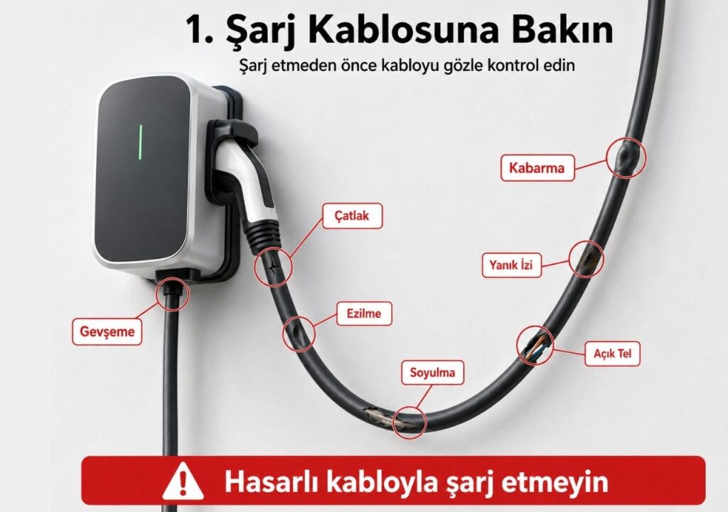 Elektrikli araç şarj kablosunda çatlak, ezilme, soyulma, yanık izi, açık tel, kabarma ve gevşeme gibi hasar noktalarını gösteren kontrol görseli.