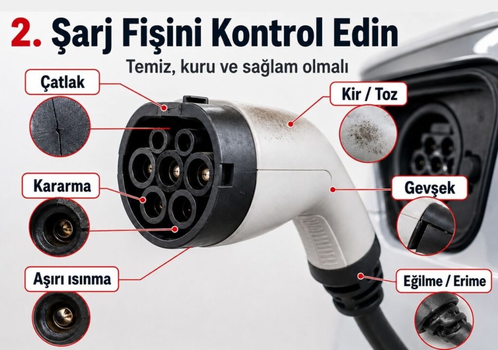 Elektrikli araç şarj fişinde çatlak, kir, kararma, gevşeme, aşırı ısınma, eğilme ve erime gibi sorunların kontrol edildiğini gösteren görsel.