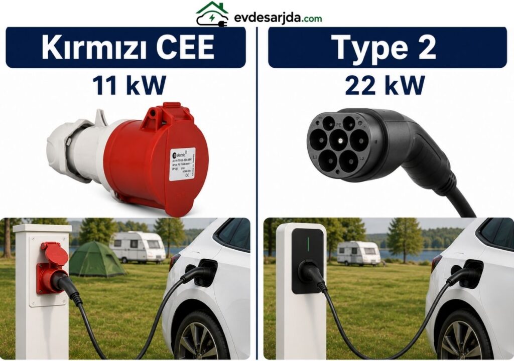 Kamp alanında elektrikli araç şarjı için kullanılan 11 kW kırmızı CEE prizi ile 22 kW’a kadar Type 2 şarj bağlantısının karşılaştırması