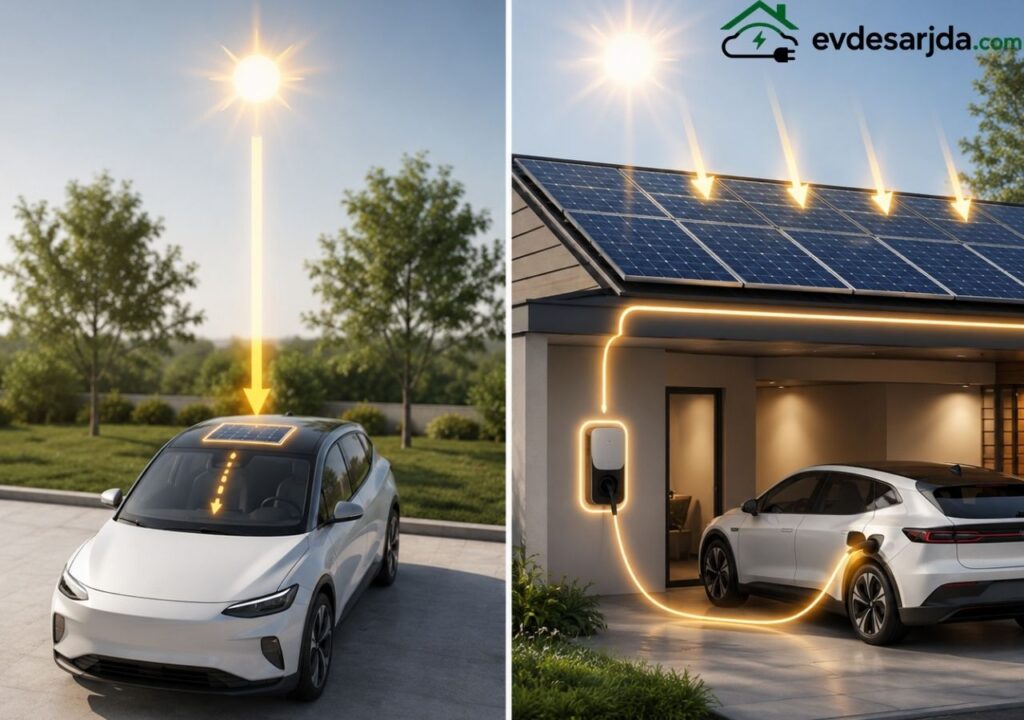 Solda çatısında küçük güneş paneli bulunan elektrikli araç, sağda çatı panellerinden wallbox üzerinden şarj edilen elektrikli otomobil.