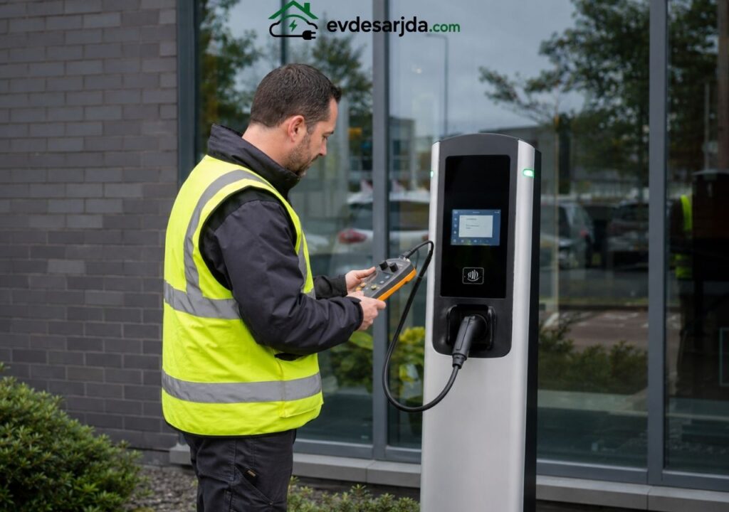 Yüksek görünürlüklü yelek giyen bir teknisyen, dış mekânda bulunan elektrikli araç şarj istasyonunun çalışma ve bağlantı kontrollerini taşınabilir test cihazı ile gerçekleştiriyor.