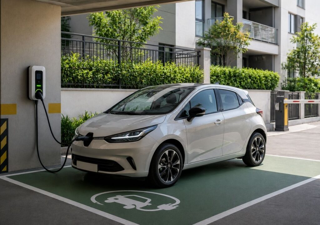 Site otoparkında duvara monte şarj istasyonuna bağlı elektrikli araç
