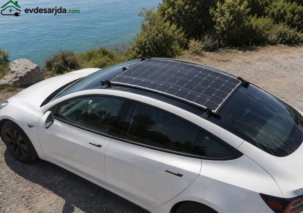 Tavanına sonradan takılabilir güneş paneli monte edilmiş beyaz elektrikli otomobil.