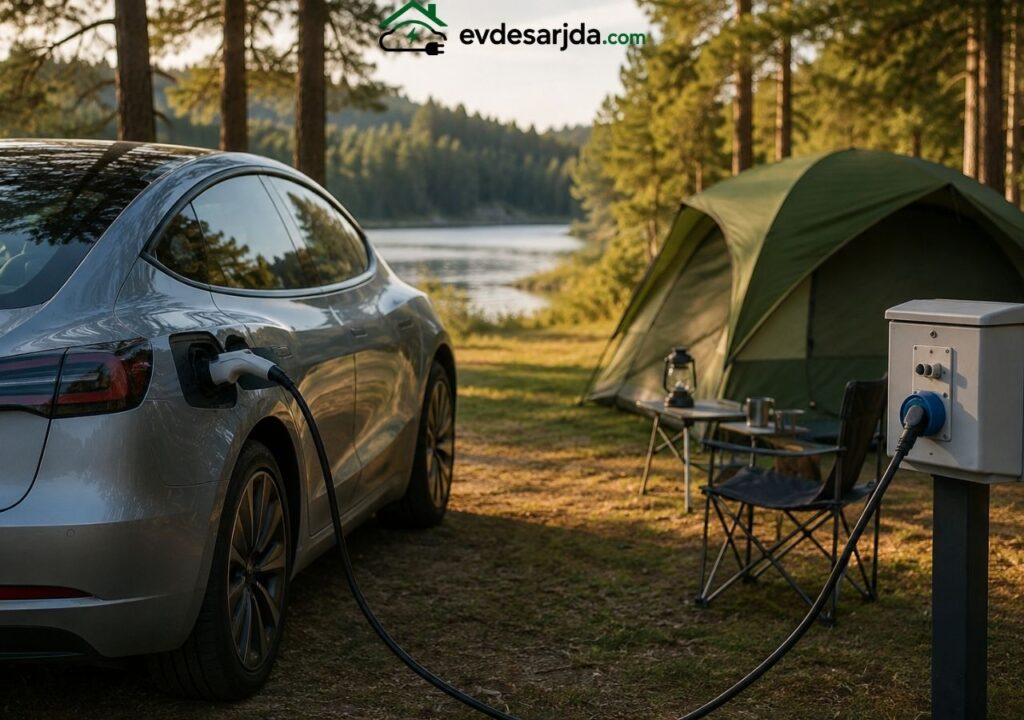 Kamp alanındaki elektrik panosuna bağlanarak şarj edilen elektrikli araç