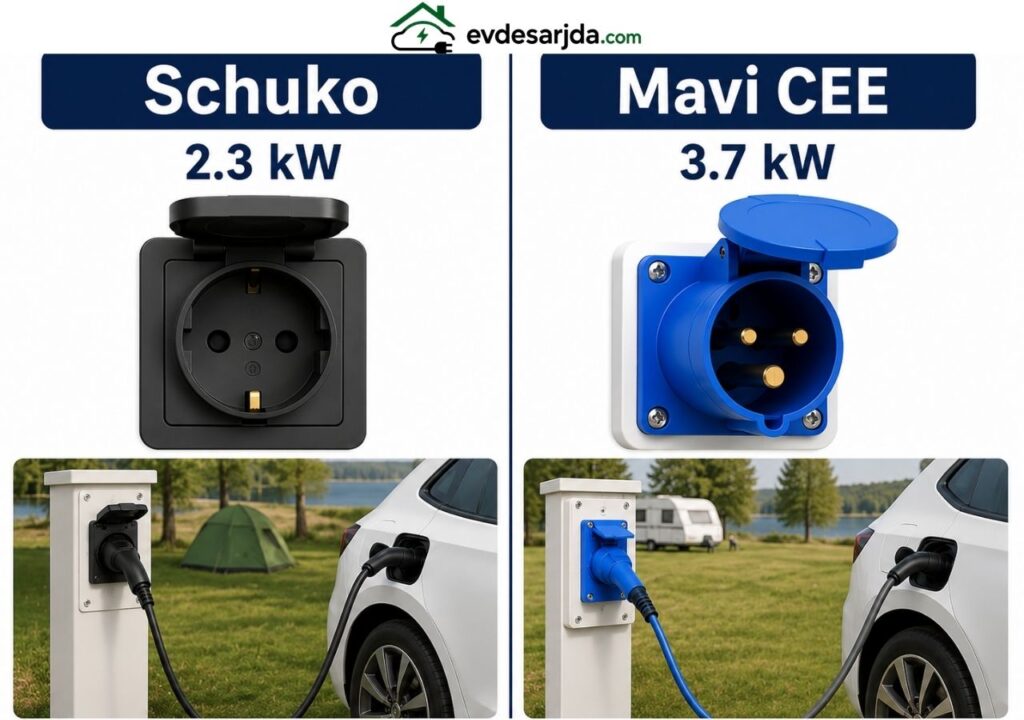 Kamp alanında elektrikli araç şarjı için kullanılan 2,3 kW Schuko priz ile 3,7 kW mavi CEE karavan prizinin karşılaştırması