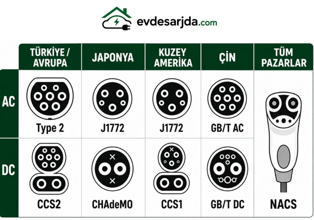 Bölgelere göre Type 2, CCS2, J1772, CHAdeMO, CCS1, GB/T ve NACS elektrikli araç şarj soketleri karşılaştırması.