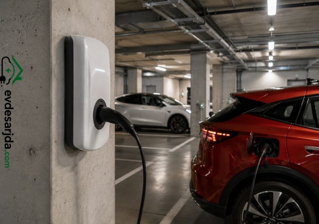 Kapalı site otoparkında duvar tipi şarj istasyonuna bağlı kırmızı elektrikli araç
