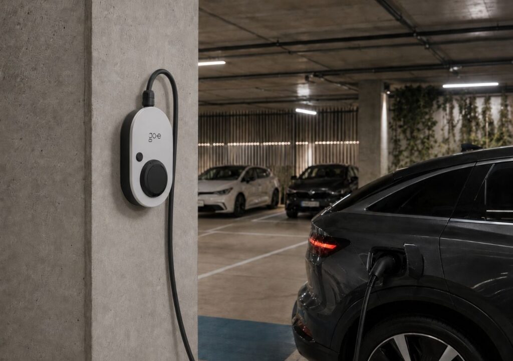 Kapalı site otoparkında üst kablosundan elektrik hattına bağlanan wallbox ile şarj edilen elektrikli SUV