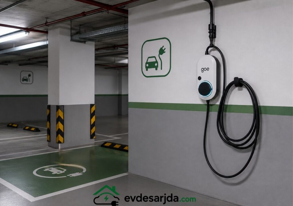 Kapalı site otoparkında duvara monte wallbox ve elektrikli araçlara ayrılmış boş şarj alanı