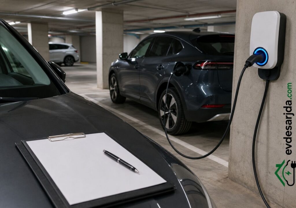 Apartman otoparkında wallbox cihazına bağlı elektrikli araç ve izin dilekçesini simgeleyen boş belge