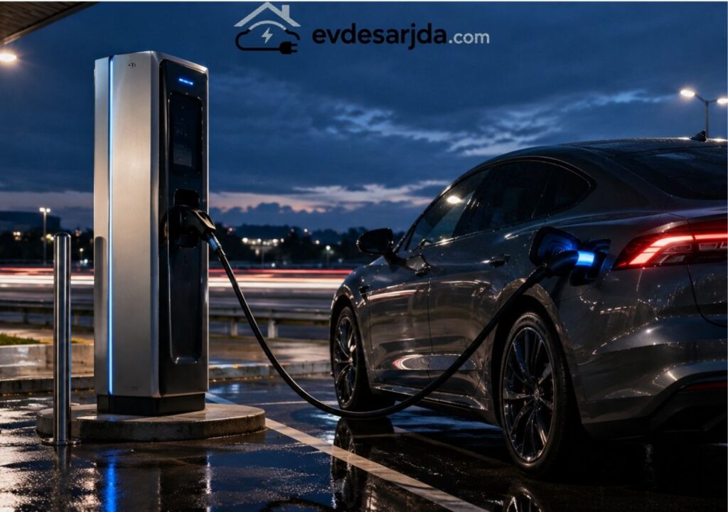 Gece bir HPC hızlı şarj istasyonunda şarj olan elektrikli araç