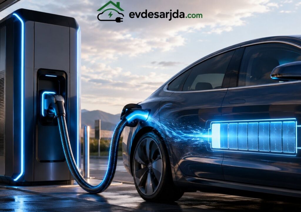 HPC yüksek güçlü DC şarj istasyonunda şarj olan elektrikli araç