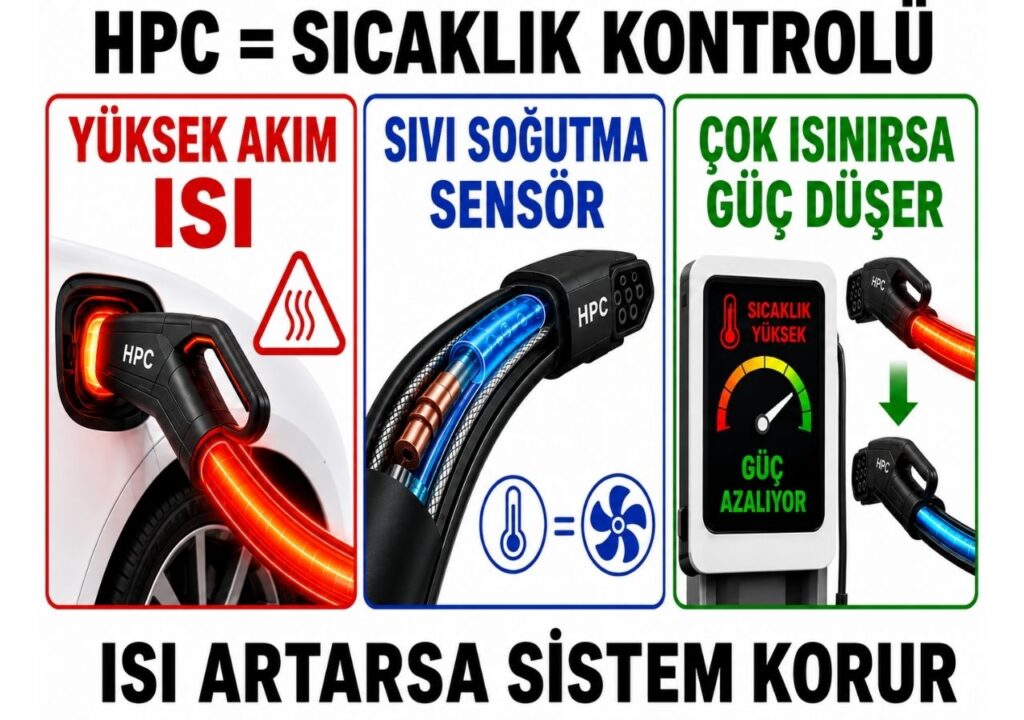 HPC şarjda yüksek akım, sıvı soğutma, sıcaklık sensörü ve otomatik güç düşürmeyi gösteren infografik