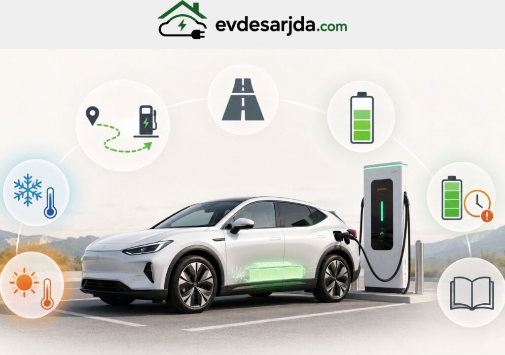 HPC şarj sırasında batarya durumu, sıcaklık, şarj seviyesi ve kullanım önerilerini gösteren elektrikli araç görseli