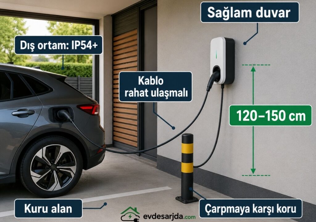 Wallbox için 120–150 cm montaj yüksekliği, kuru alan ve araç çarpmasına karşı koruma