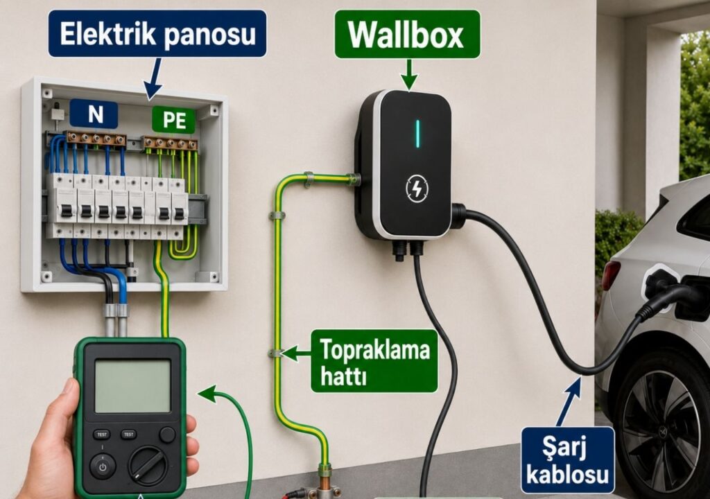 Wallbox kurulumunda elektrik panosu, topraklama hattı, topraklama çubuğu ve ölçüm cihazını gösteren şema