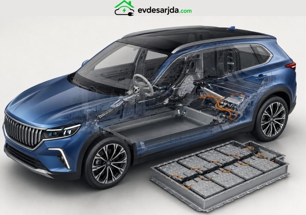 Şeffaf gövdeli mavi elektrikli SUV ve aracın yanında gösterilen yüksek voltajlı batarya paketi