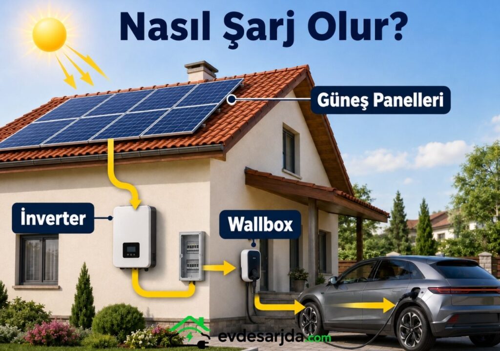 Çatısında güneş paneli bulunan bir evde, inverter ve wallbox aracılığıyla elektrikli aracın şarj edilmesini gösteren açıklayıcı görsel