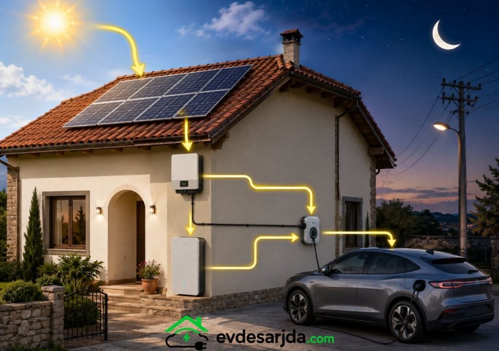 Çatısında güneş paneli olan bir evin önünde şarj edilen elektrikli araç ve enerjinin gündüz güneşten, gece ise batarya veya şebekeden araca aktarımını gösteren görsel