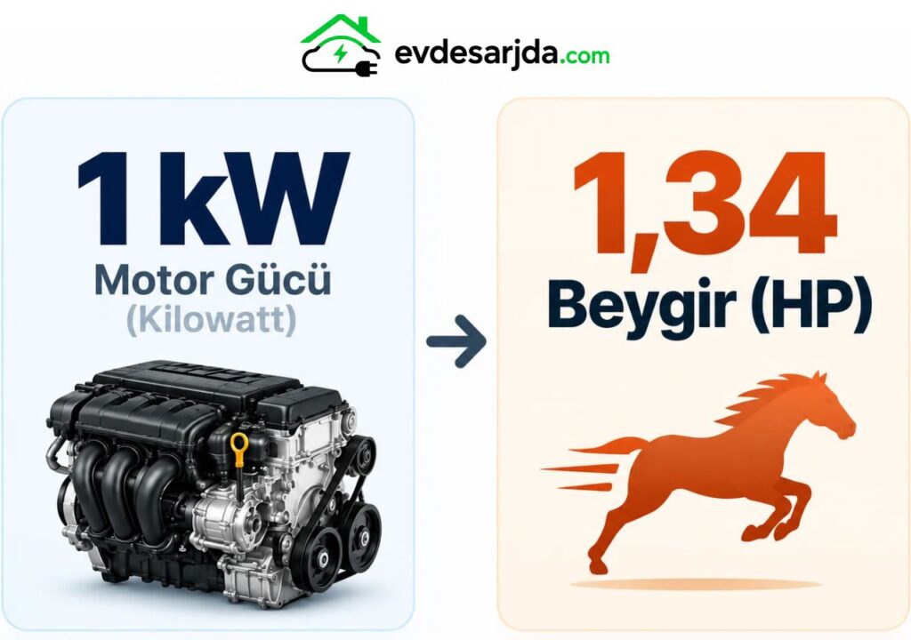 1 kW = 1,34 Beygir (HP) dönüşümünü gösteren motor ve beygir temalı infografik
