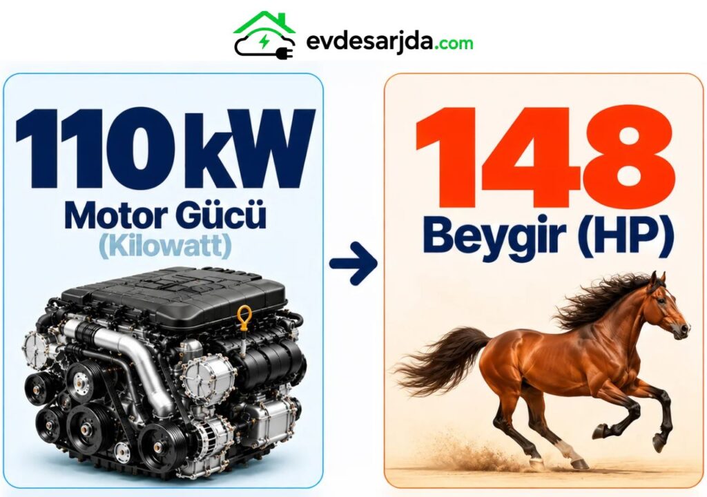 110 kW = 148 Beygir (HP) dönüşümünü gösteren motor ve beygir temalı infografik