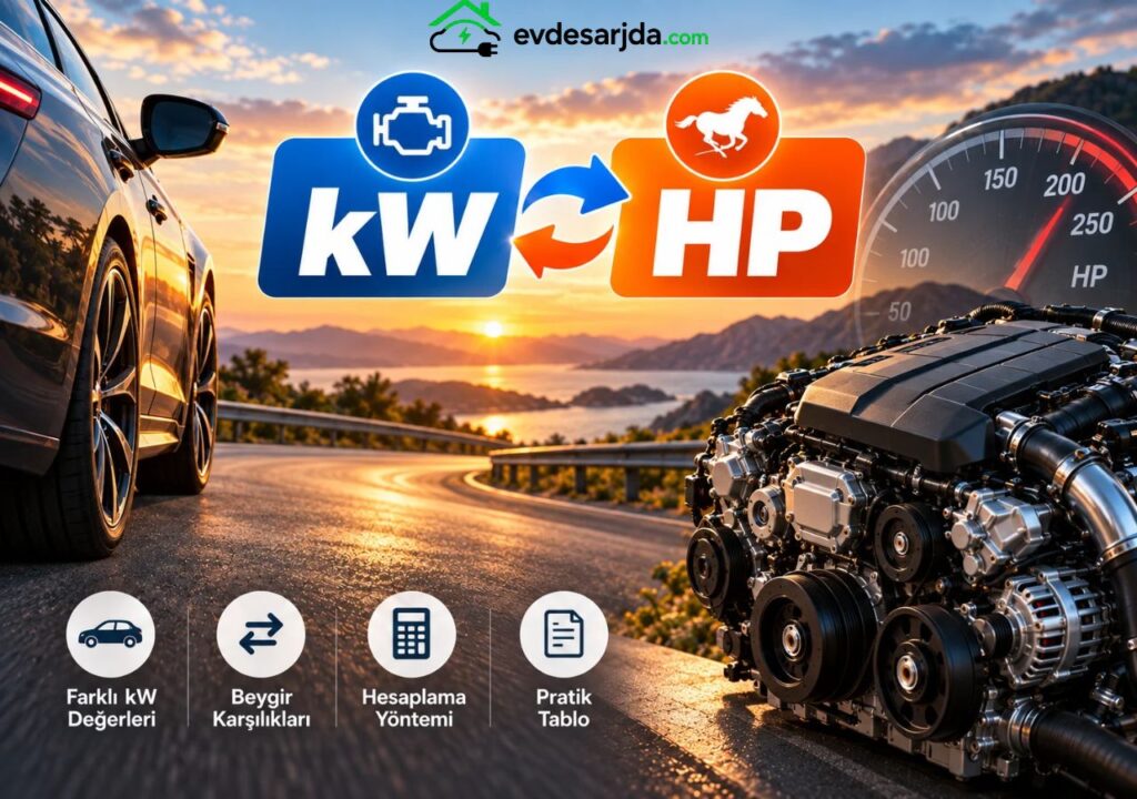 Kilowatt kW değerlerinin beygir HP karşılıklarını, hesaplama yöntemini ve dönüşüm mantığını anlatan infografik