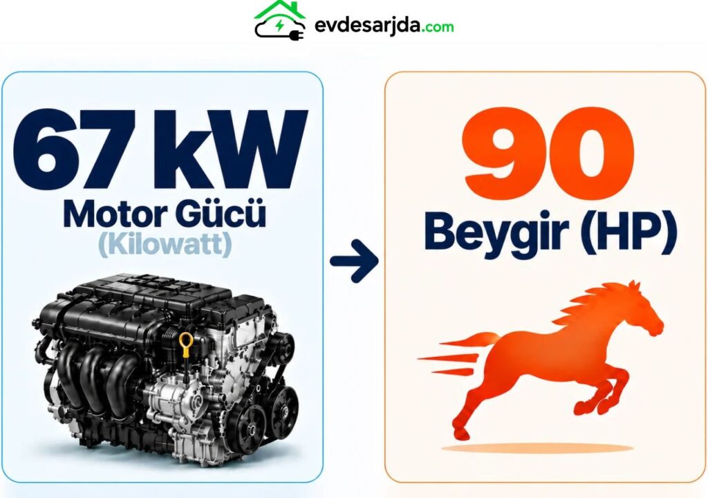 67 kW = 90 Beygir (HP) dönüşümünü gösteren motor ve beygir temalı infografik