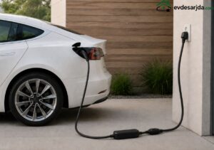 Ev tipi prize bağlı uzatma kablosu ve taşınabilir şarj cihazıyla şarj edilen beyaz elektrikli araç