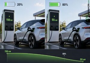 Elektrikli aracın bataryası %20 seviyesindeyken 150 kW, %80 seviyesine ulaştığında ise 55 kW güçle şarj olduğunu gösteren karşılaştırma görseli.