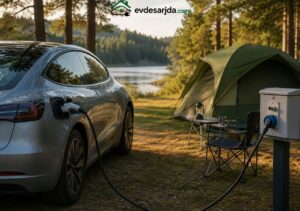 Kamp alanındaki elektrik panosuna bağlanarak şarj edilen elektrikli araç