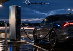 Gece bir HPC hızlı şarj istasyonunda şarj olan elektrikli araç