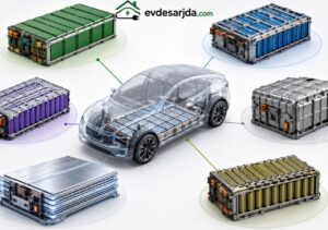 Şeffaf elektrikli aracın etrafında farklı yapı ve boyutlarda elektrikli araç batarya paketleri