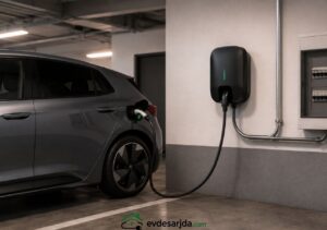 Kapalı otoparkta wallbox şarj cihazına bağlı elektrikli araç ve yanında elektrik panosu